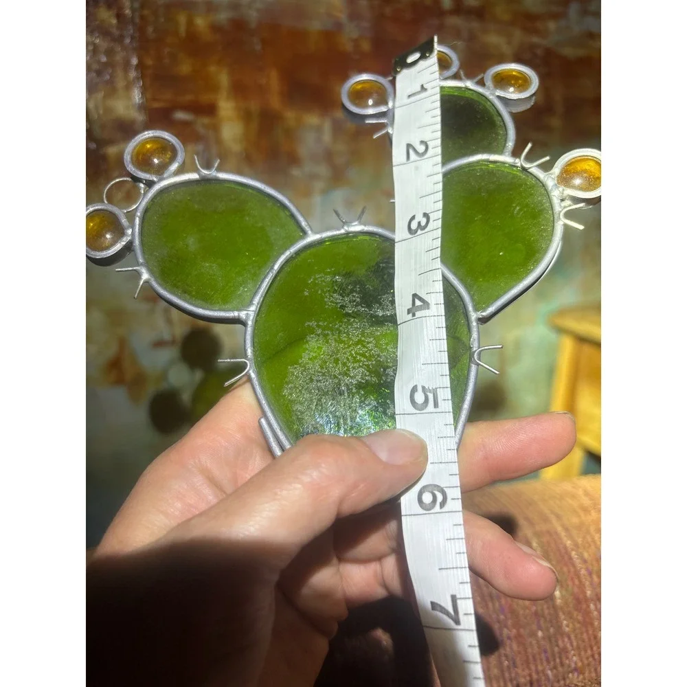 Handmade Stained Glass Prickly Pear Cactus Suncatcher Green Amber 5.5in